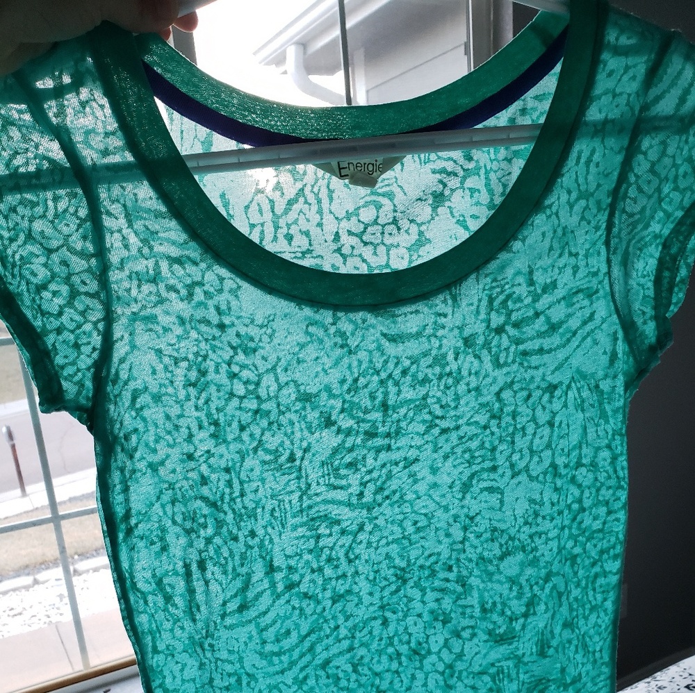 Energie Teal semi-sheer animal print top